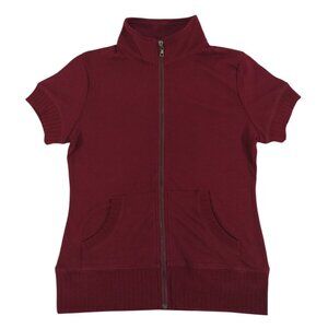 Womens Short Sleeve Burgundy Zip-Up Cardigan Sweater With Pockets Size S. NWOT.